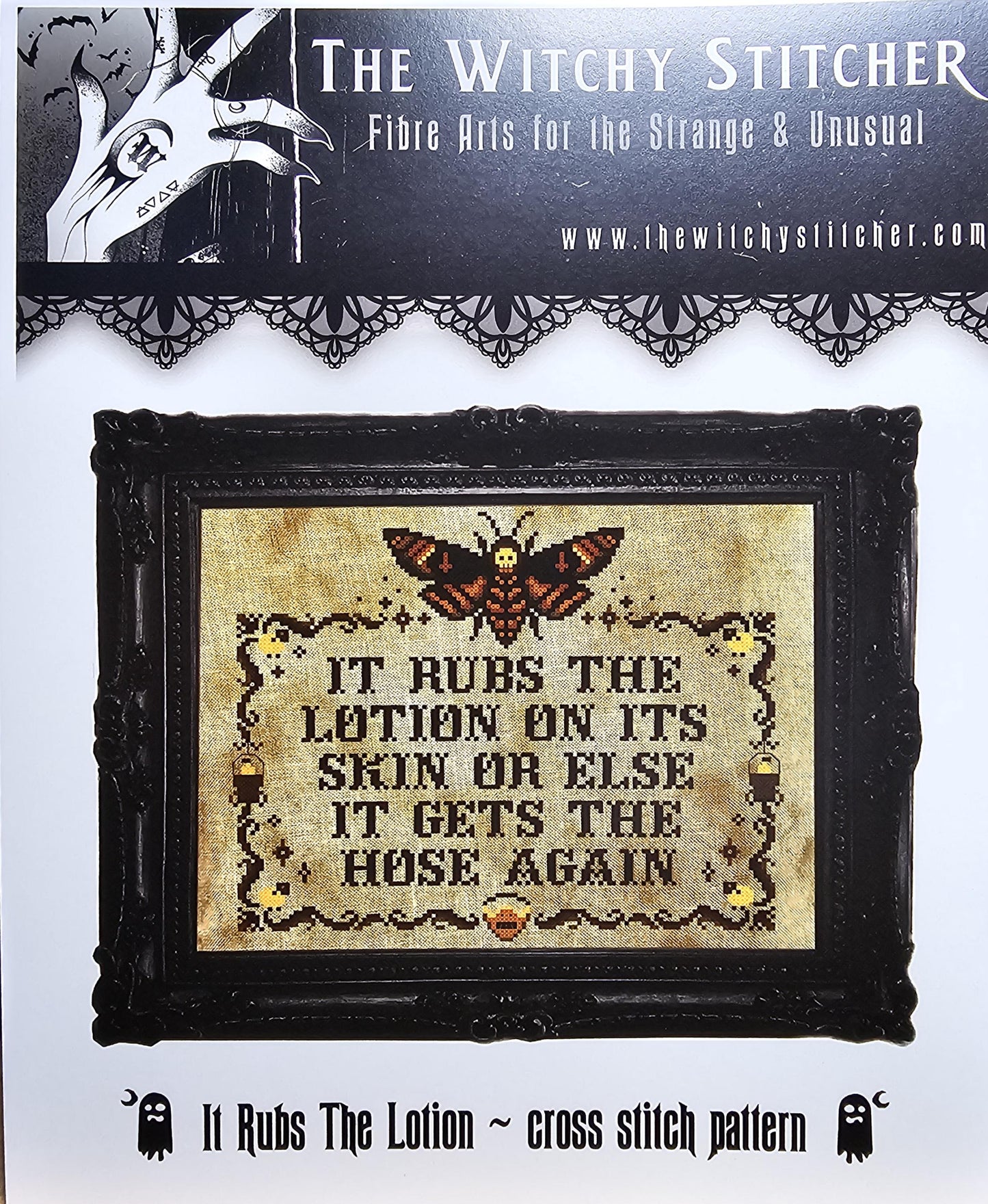 It Rubs The Lotion Cross Stitch Pattern - The Witchy Stitcher