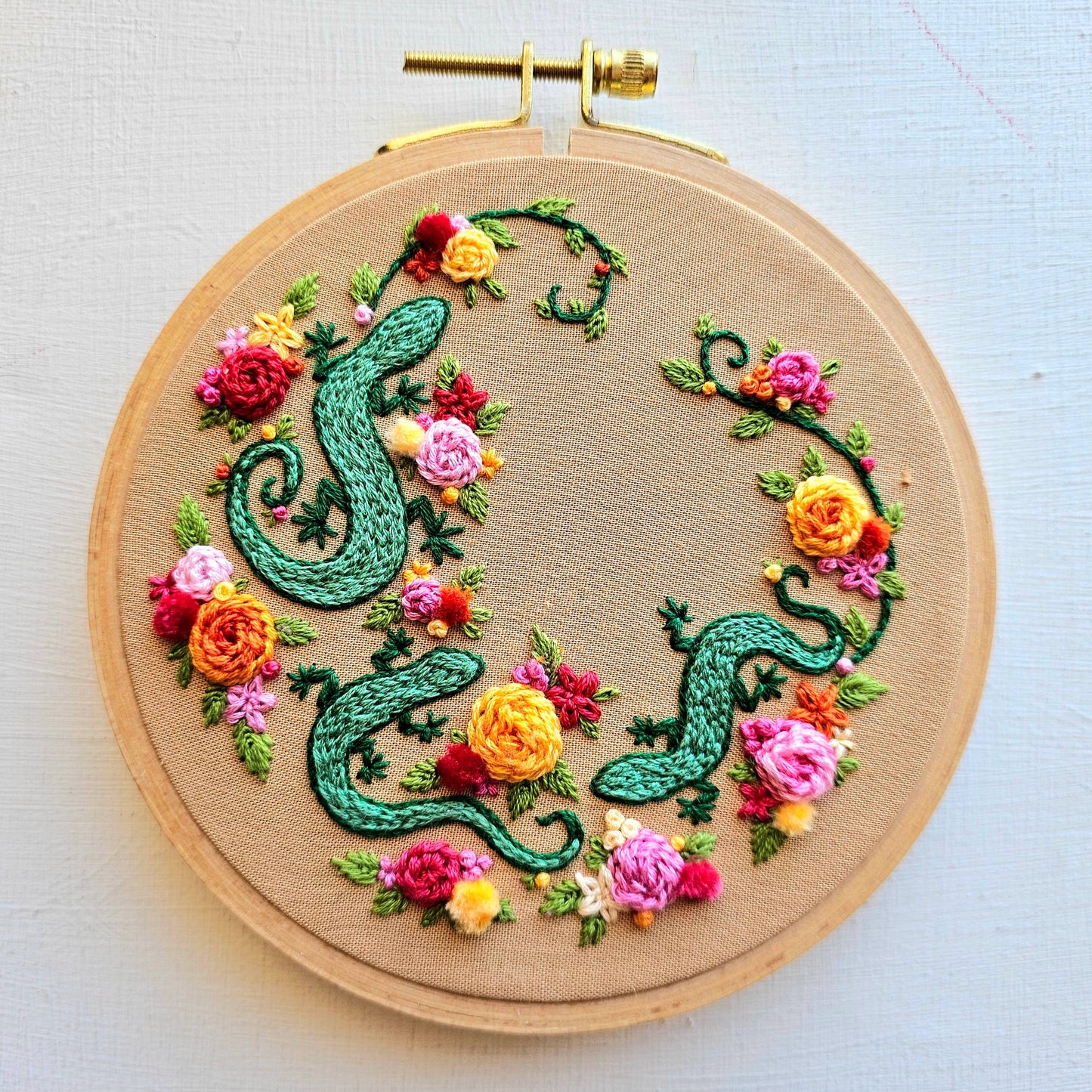 Backyard Geckos hand embroidery kit