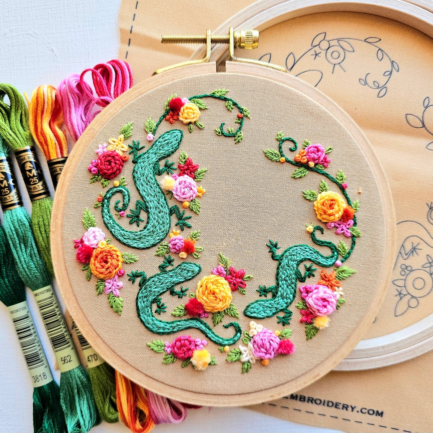 Backyard Geckos hand embroidery kit