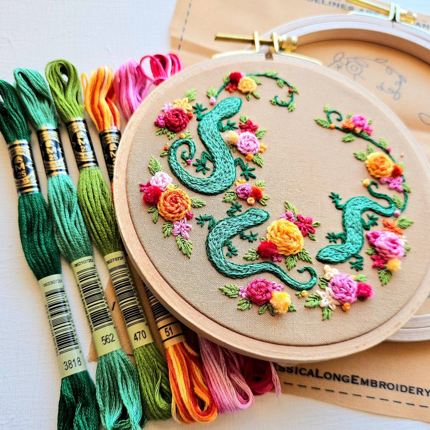 Backyard Geckos hand embroidery kit